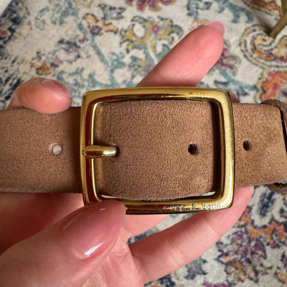 rag & bone Boyfriend Suede Leather Belt in Camel With Gold Buckle